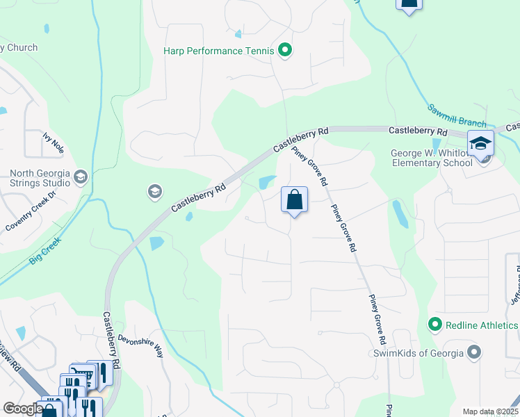 map of restaurants, bars, coffee shops, grocery stores, and more near 4930 Kings Common Way in Cumming