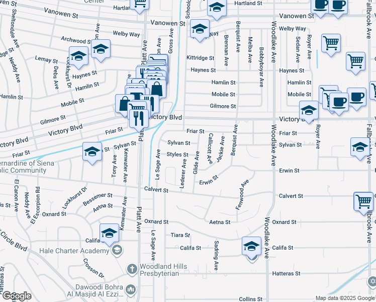 map of restaurants, bars, coffee shops, grocery stores, and more near 23451 Styles Street in Los Angeles