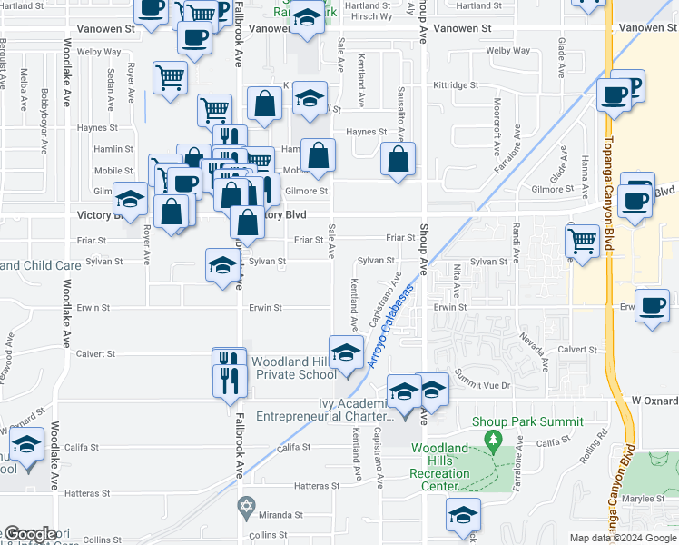 map of restaurants, bars, coffee shops, grocery stores, and more near 6236 Sale Avenue in Los Angeles