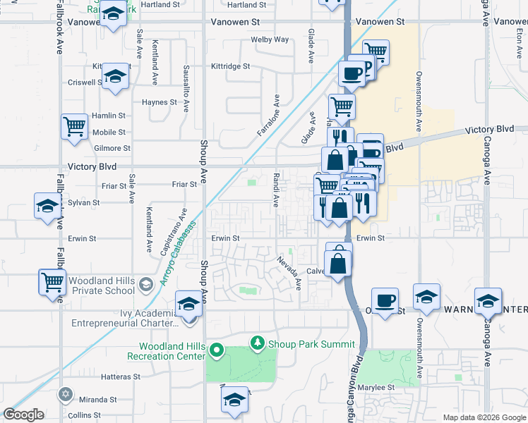 map of restaurants, bars, coffee shops, grocery stores, and more near 22215 1/2 Erwin Street in Los Angeles