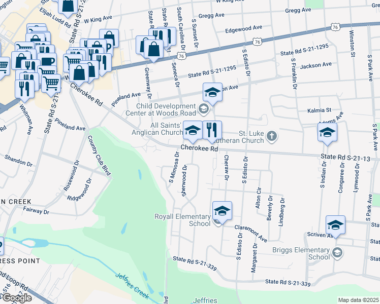 map of restaurants, bars, coffee shops, grocery stores, and more near 905 Sherwood Drive in Florence