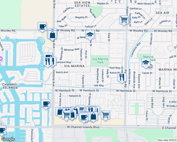 map of restaurants, bars, coffee shops, grocery stores, and more near 3355 Ketch Avenue in Oxnard