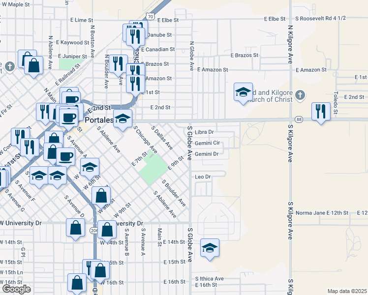 map of restaurants, bars, coffee shops, grocery stores, and more near 815 South Dallas Avenue in Portales