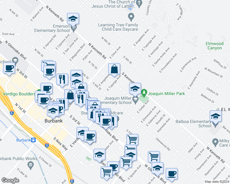 map of restaurants, bars, coffee shops, grocery stores, and more near 602 East Verdugo Avenue in Burbank