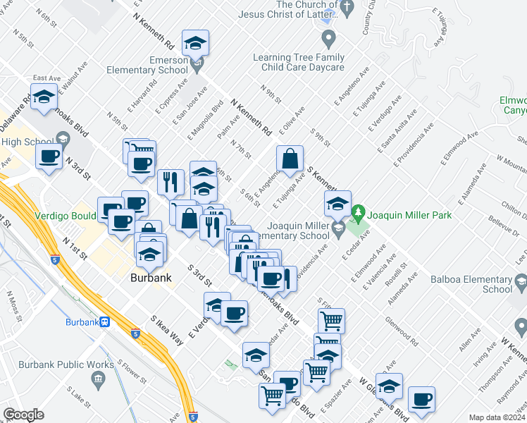 map of restaurants, bars, coffee shops, grocery stores, and more near 544 East Tujunga Avenue in Burbank