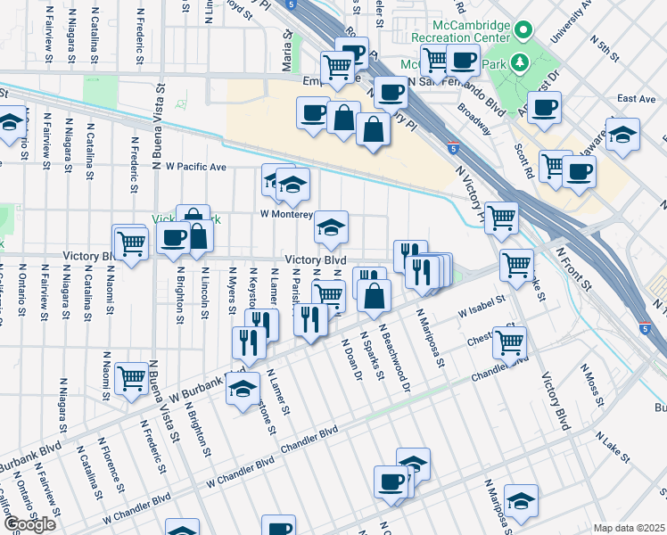 map of restaurants, bars, coffee shops, grocery stores, and more near 1120 North Orchard Drive in Burbank