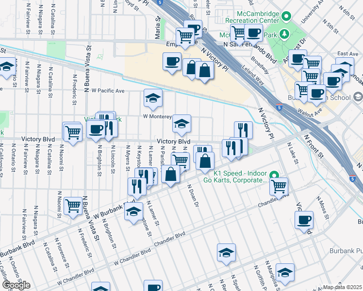 map of restaurants, bars, coffee shops, grocery stores, and more near 1120 North Orchard Drive in Burbank