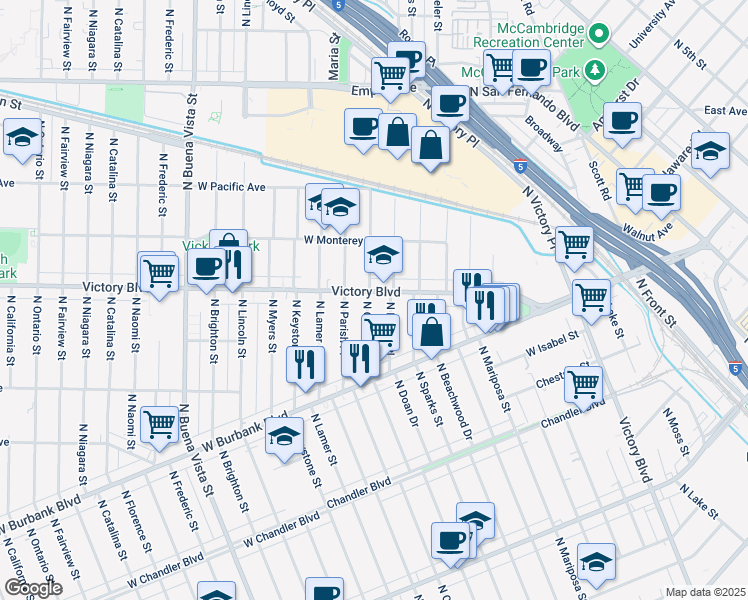 map of restaurants, bars, coffee shops, grocery stores, and more near 1120 North Orchard Drive in Burbank