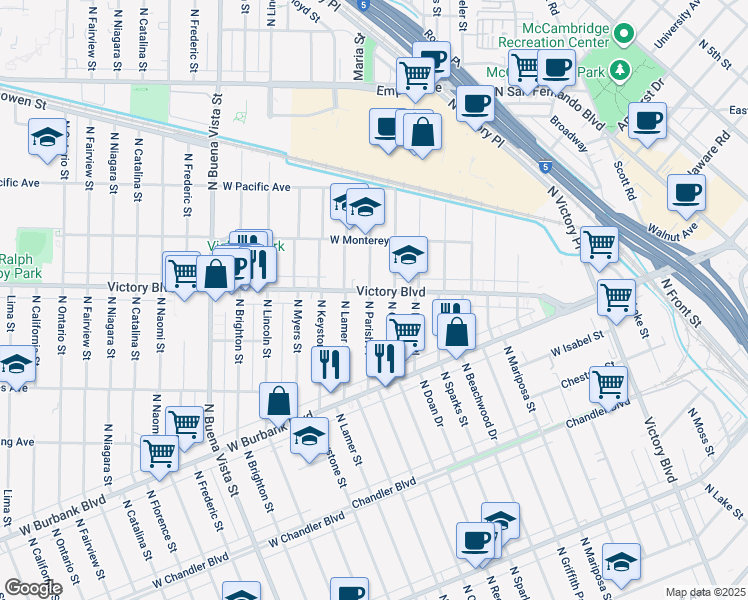 map of restaurants, bars, coffee shops, grocery stores, and more near 1123 North Parish Place in Burbank