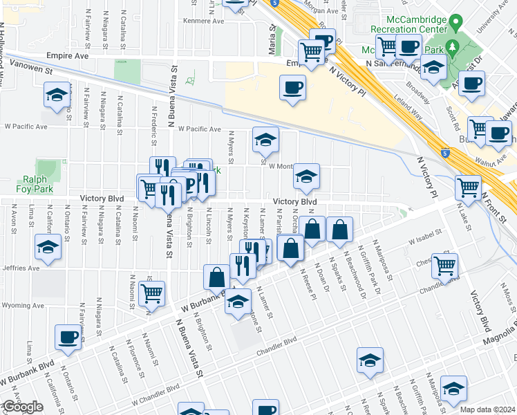 map of restaurants, bars, coffee shops, grocery stores, and more near 1320 North Keystone Street in Burbank
