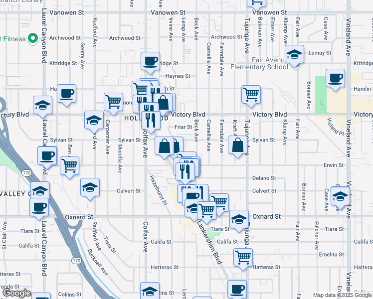 map of restaurants, bars, coffee shops, grocery stores, and more near 11565 Erwin Street in Los Angeles
