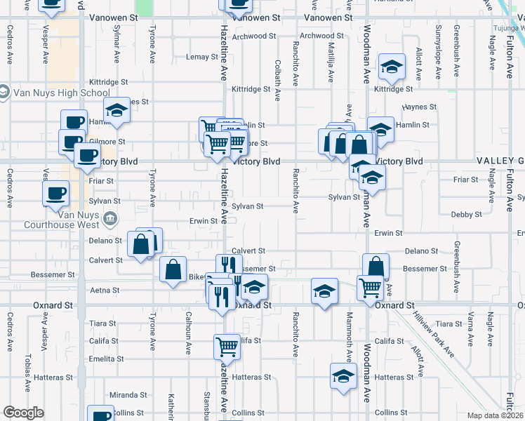 map of restaurants, bars, coffee shops, grocery stores, and more near 6219 Colbath Avenue in Los Angeles