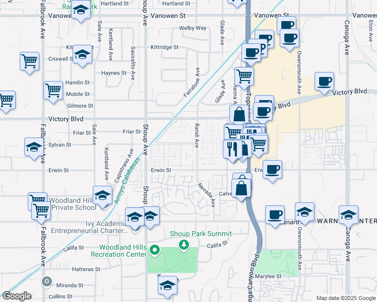 map of restaurants, bars, coffee shops, grocery stores, and more near 22215 1/2 Erwin Street in Los Angeles