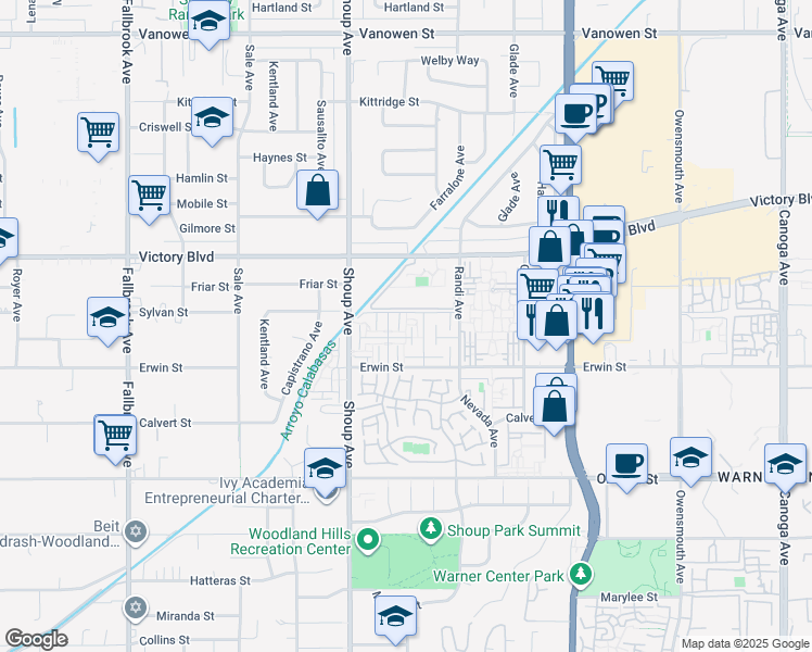 map of restaurants, bars, coffee shops, grocery stores, and more near 22261 1/4 Erwin Street in Los Angeles