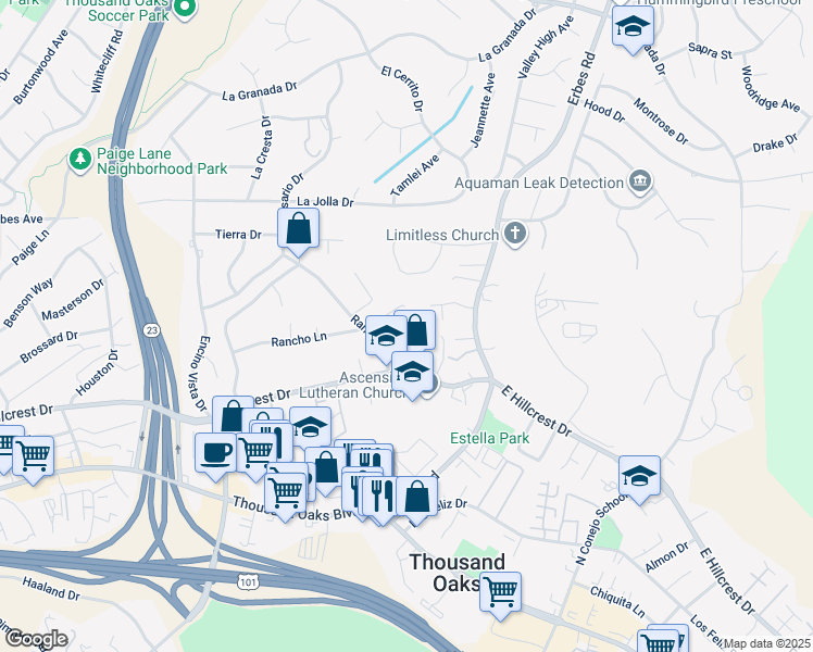 map of restaurants, bars, coffee shops, grocery stores, and more near 1575 East Hillcrest Drive in Thousand Oaks