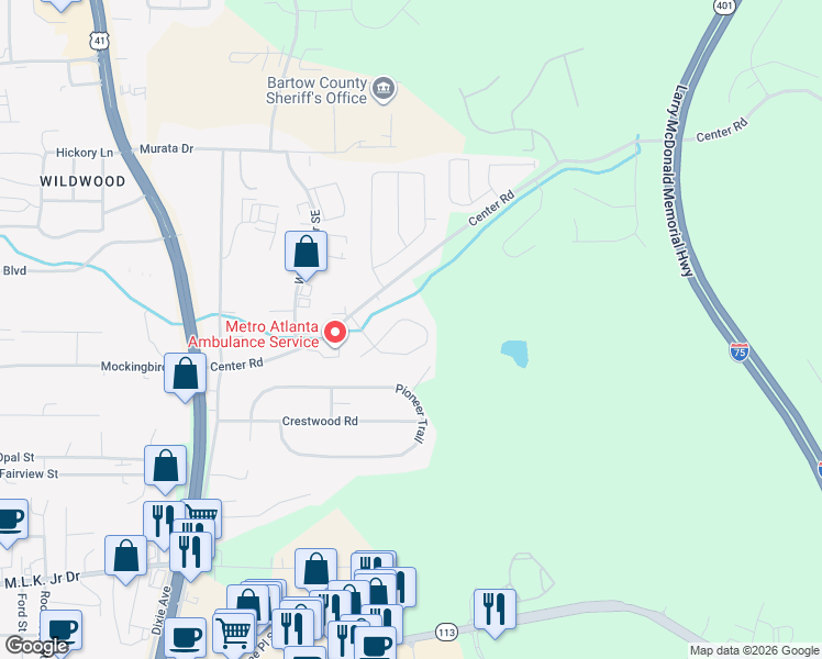 map of restaurants, bars, coffee shops, grocery stores, and more near 54 White Oak Drive Southeast in Cartersville