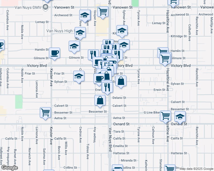 map of restaurants, bars, coffee shops, grocery stores, and more near 6265 Van Nuys Boulevard in Los Angeles