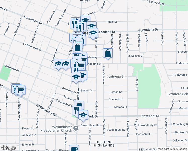 map of restaurants, bars, coffee shops, grocery stores, and more near 1049 East Calaveras Street in Altadena