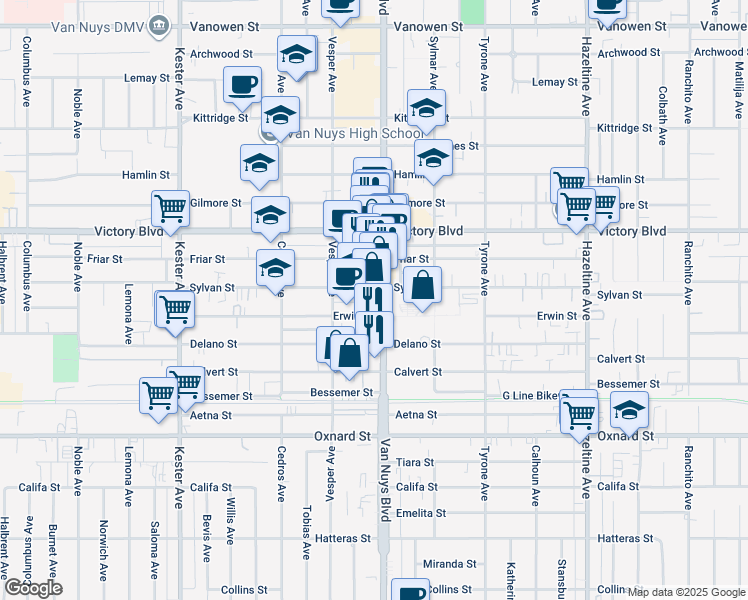 map of restaurants, bars, coffee shops, grocery stores, and more near 6231 Van Nuys Boulevard in Los Angeles