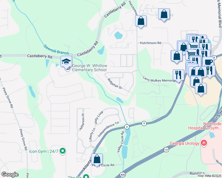 map of restaurants, bars, coffee shops, grocery stores, and more near 3455 Ridgefair Drive in Cumming