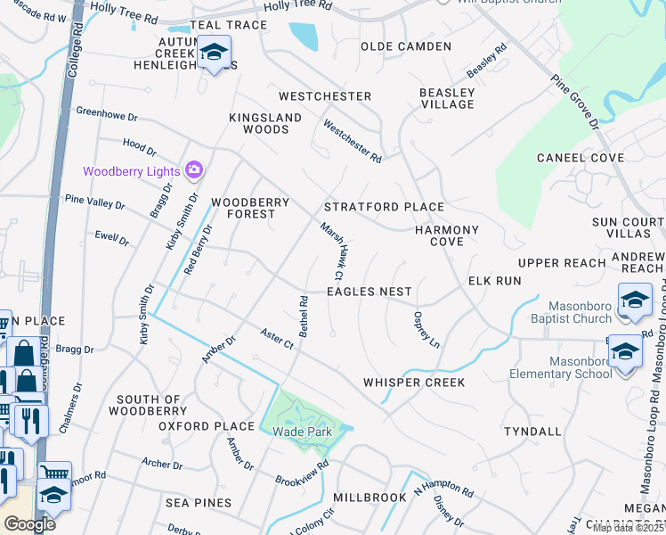 map of restaurants, bars, coffee shops, grocery stores, and more near 3412 Marsh Hawk Court in Wilmington