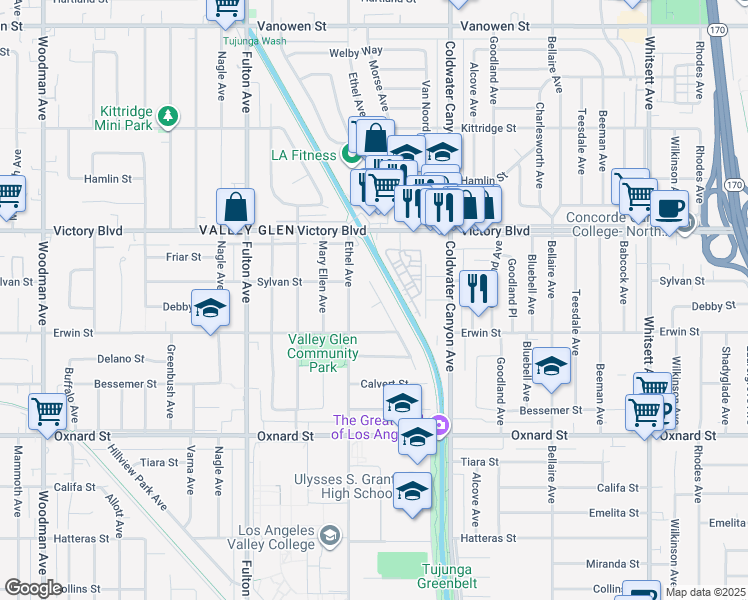 map of restaurants, bars, coffee shops, grocery stores, and more near 13001 Debby Street in Los Angeles