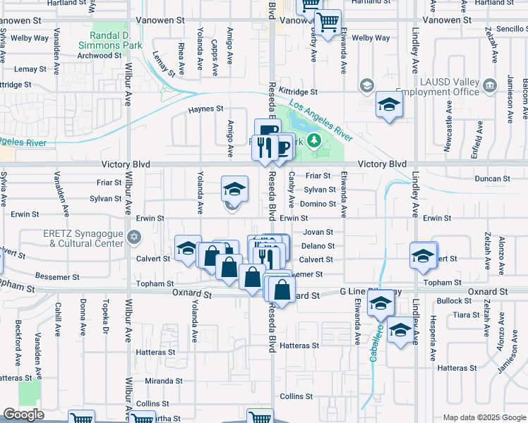 map of restaurants, bars, coffee shops, grocery stores, and more near 6251 Reseda Boulevard in Los Angeles
