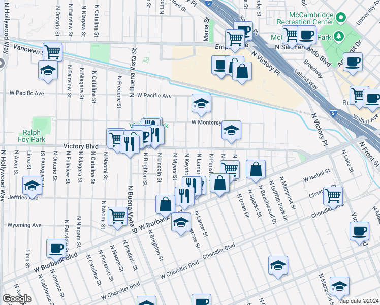 map of restaurants, bars, coffee shops, grocery stores, and more near 1342 North Keystone Street in Burbank