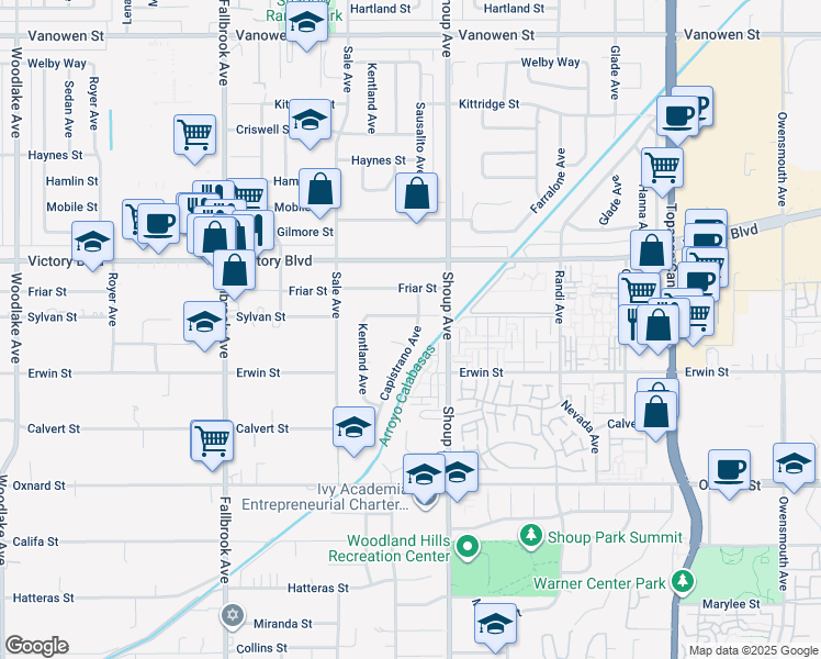 map of restaurants, bars, coffee shops, grocery stores, and more near 6233 Capistrano Avenue in Los Angeles