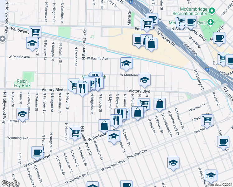 map of restaurants, bars, coffee shops, grocery stores, and more near 1341 North Keystone Street in Burbank