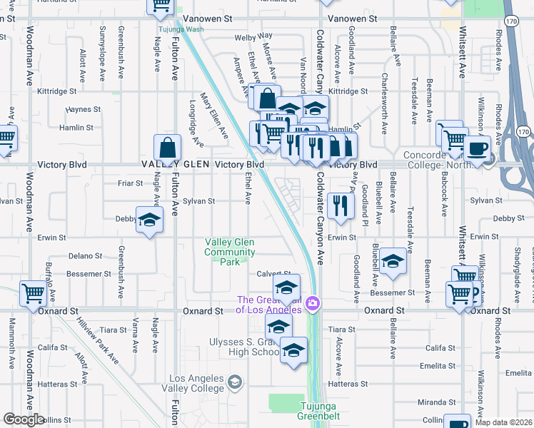 map of restaurants, bars, coffee shops, grocery stores, and more near 13001 Debby Street in Los Angeles