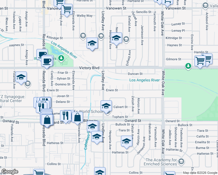 map of restaurants, bars, coffee shops, grocery stores, and more near 18047 Erwin Street in Los Angeles