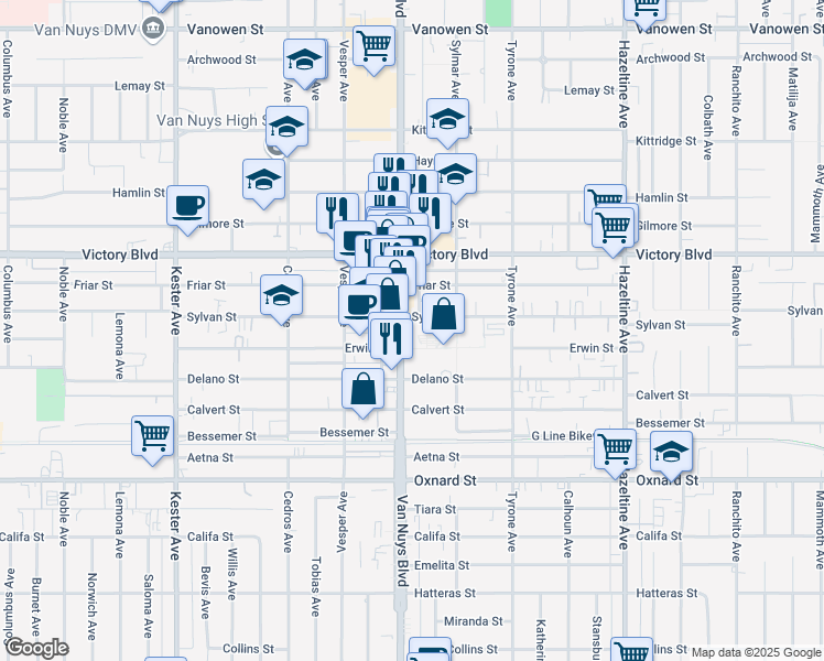 map of restaurants, bars, coffee shops, grocery stores, and more near 6262 Van Nuys Boulevard in Los Angeles