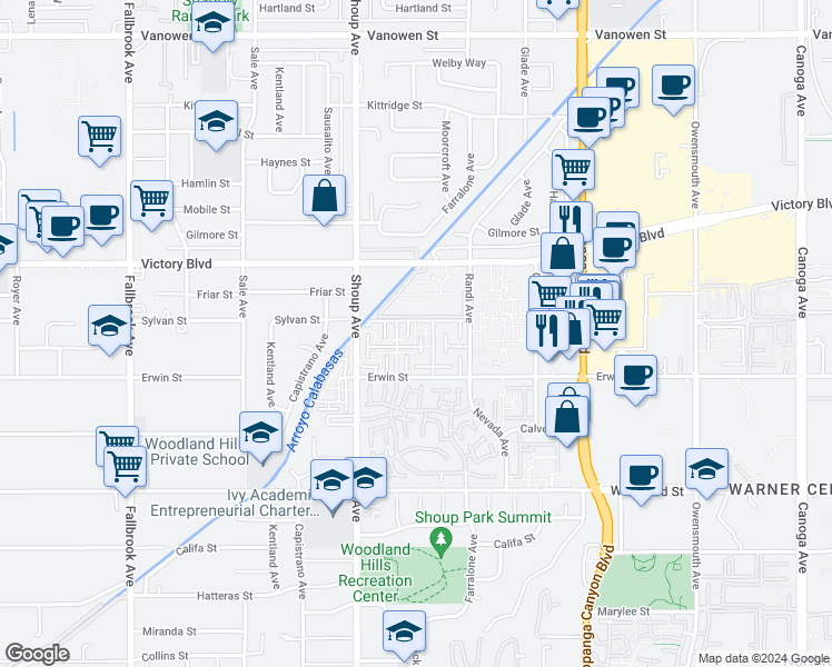 map of restaurants, bars, coffee shops, grocery stores, and more near 6240 Nita Avenue in Los Angeles