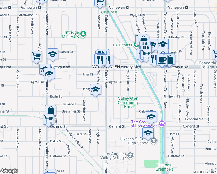 map of restaurants, bars, coffee shops, grocery stores, and more near 6212 Fulton Avenue in Los Angeles