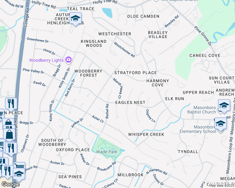 map of restaurants, bars, coffee shops, grocery stores, and more near 3412 Marsh Hawk Court in Wilmington