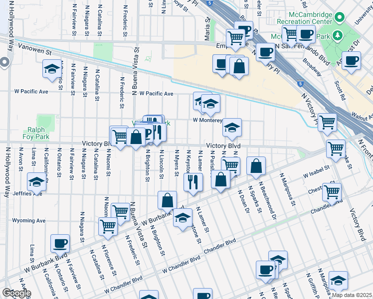 map of restaurants, bars, coffee shops, grocery stores, and more near 1341 North Keystone Street in Burbank