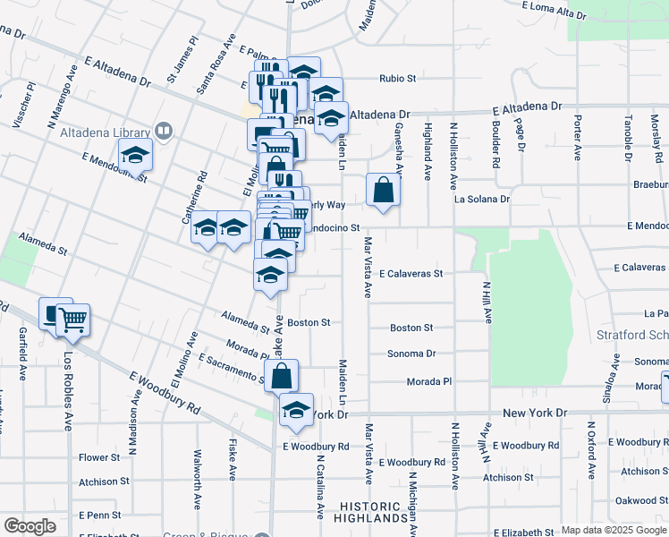 map of restaurants, bars, coffee shops, grocery stores, and more near 1049 East Calaveras Street in Altadena