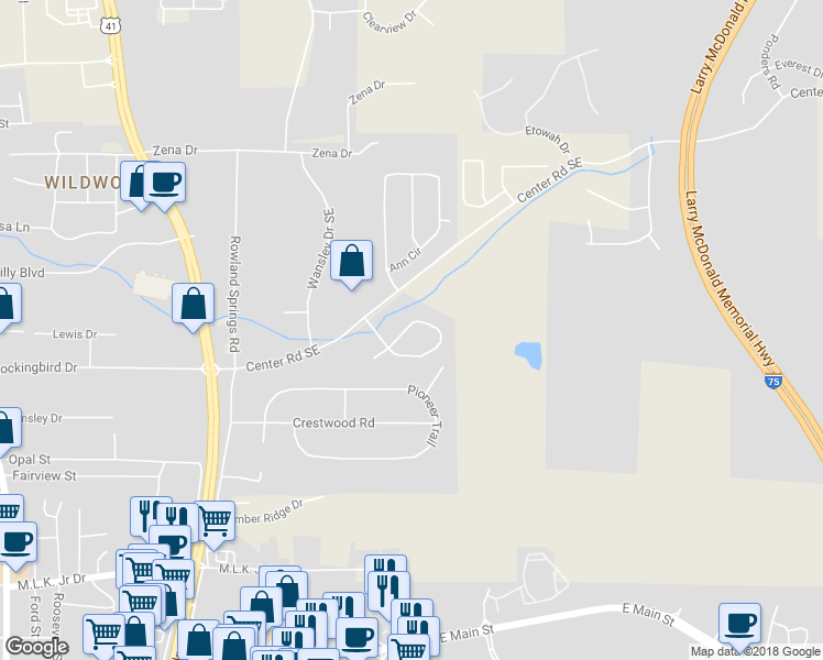 map of restaurants, bars, coffee shops, grocery stores, and more near 58 White Oak Drive Southeast in Cartersville