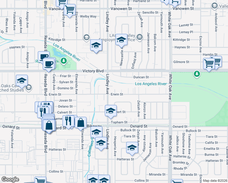 map of restaurants, bars, coffee shops, grocery stores, and more near 18047 Erwin Street in Los Angeles