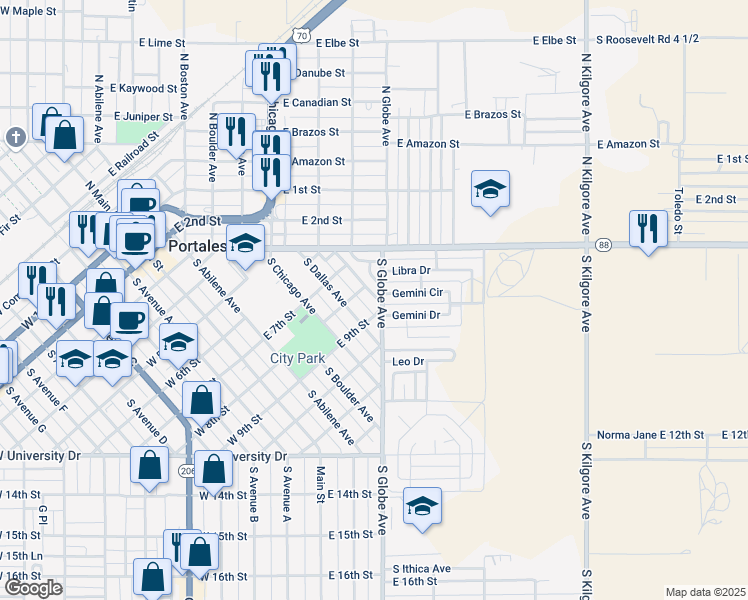 map of restaurants, bars, coffee shops, grocery stores, and more near 812 South Elgin Avenue in Portales