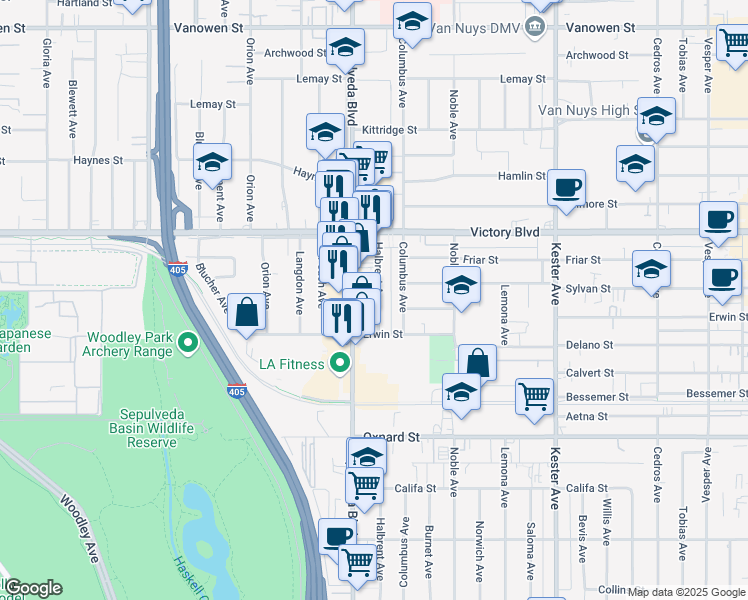 map of restaurants, bars, coffee shops, grocery stores, and more near 6206 Sepulveda Boulevard in Los Angeles