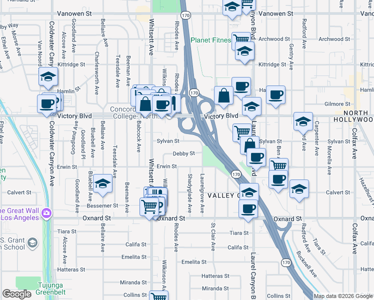 map of restaurants, bars, coffee shops, grocery stores, and more near 12337 Debby Street in Los Angeles