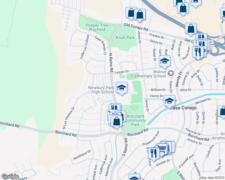 map of restaurants, bars, coffee shops, grocery stores, and more near 456 North Reino Road in Thousand Oaks