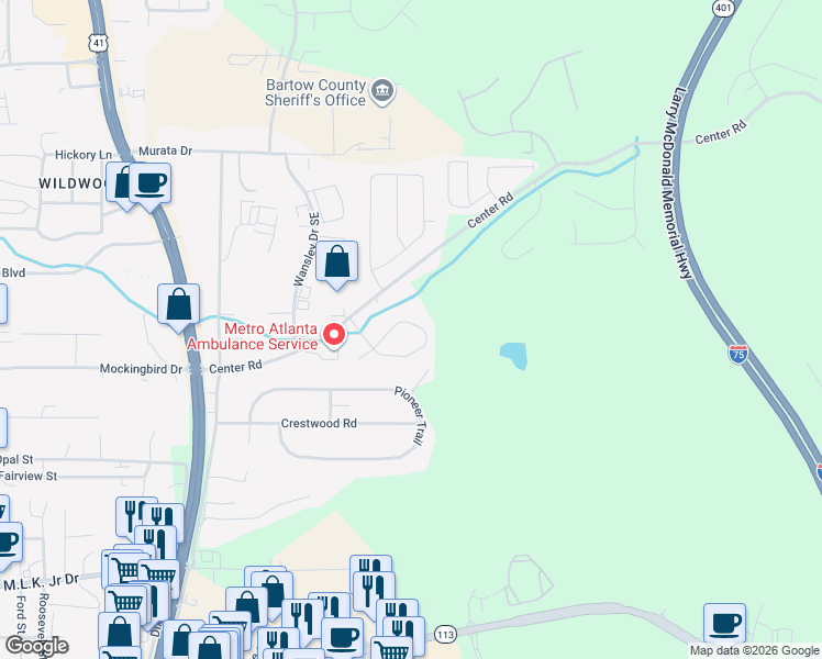 map of restaurants, bars, coffee shops, grocery stores, and more near 54 White Oak Drive Southeast in Cartersville