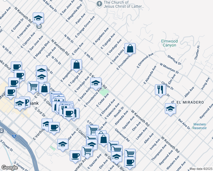 map of restaurants, bars, coffee shops, grocery stores, and more near 821 East Providencia Avenue in Burbank