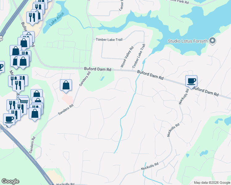 map of restaurants, bars, coffee shops, grocery stores, and more near 2395 Briar Ridge Way in Cumming