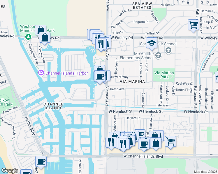 map of restaurants, bars, coffee shops, grocery stores, and more near 3761 Ketch Avenue in Oxnard