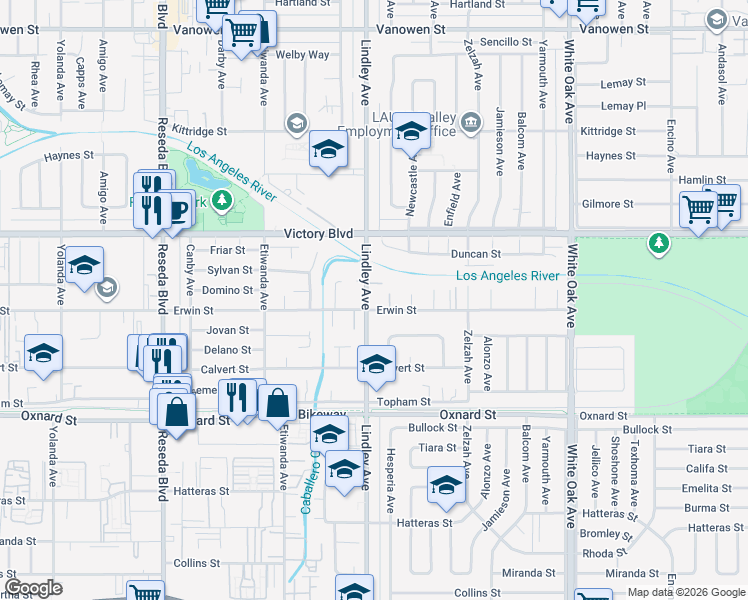 map of restaurants, bars, coffee shops, grocery stores, and more near 6308 Lindley Avenue in Los Angeles