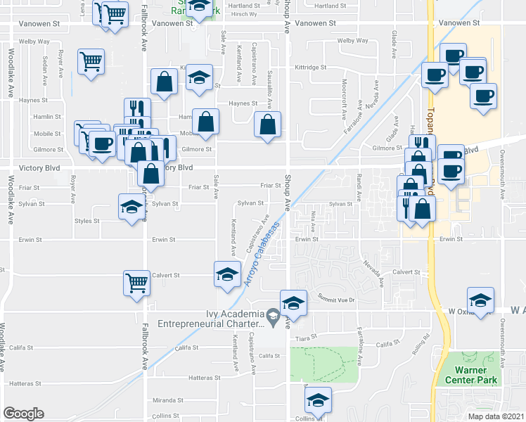map of restaurants, bars, coffee shops, grocery stores, and more near 6233 Capistrano Avenue in Los Angeles
